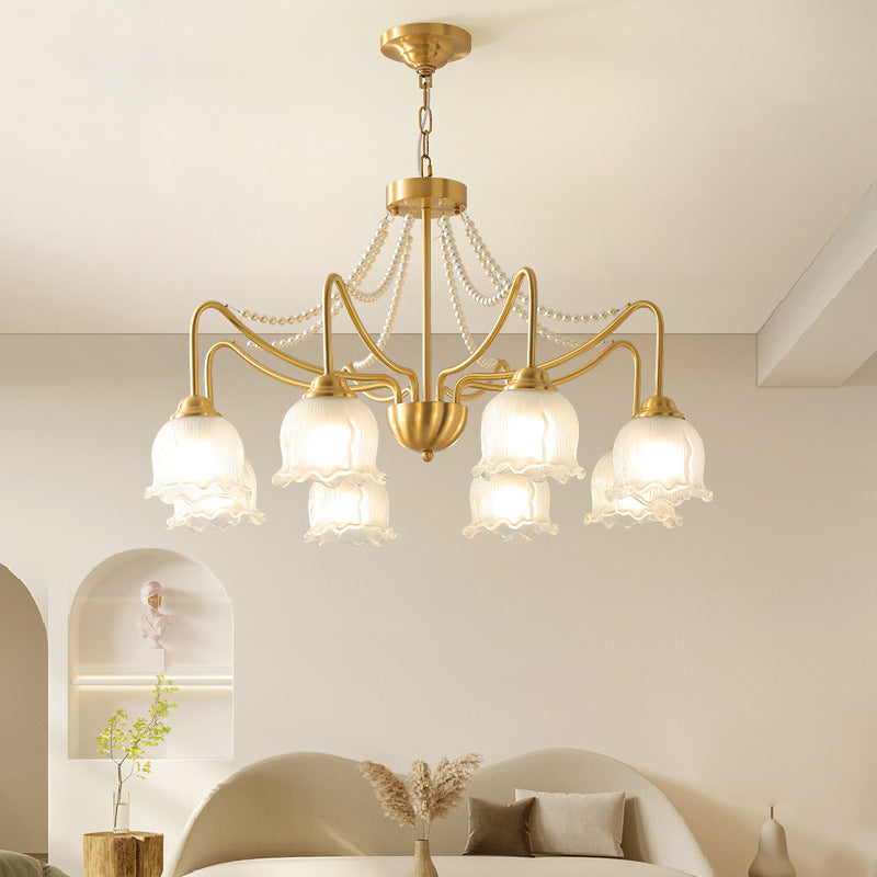 Modern Luxury Floral Round Branch Glass Pearl Brass 3/6/8 Light Chandelier For Living Room