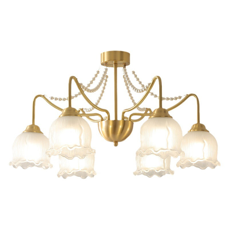 Traditional French Floral Branch Round Glass Pearl Brass 3/6/8 Light Semi-Flush Mount Ceiling Light For Living Room