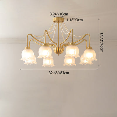 Traditional French Floral Branch Round Glass Pearl Brass 3/6/8 Light Semi-Flush Mount Ceiling Light For Living Room