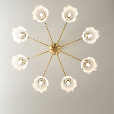 Traditional French Floral Branch Round Glass Pearl Brass 3/6/8 Light Semi-Flush Mount Ceiling Light For Living Room