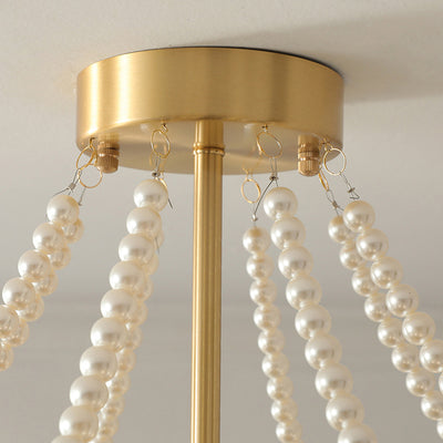 Traditional French Floral Branch Round Glass Pearl Brass 3/6/8 Light Semi-Flush Mount Ceiling Light For Living Room