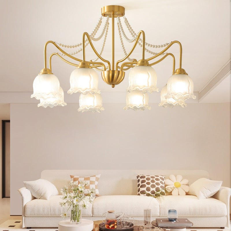 Traditional French Floral Branch Round Glass Pearl Brass 3/6/8 Light Semi-Flush Mount Ceiling Light For Living Room