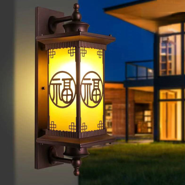 Traditional Chinese Square House Rectangle Glass Aluminum Hardware 1-Light Wall Sconce Lamp For Outdoor Patio