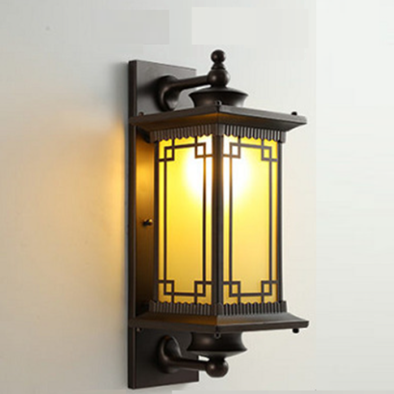 Traditional Chinese Square House Rectangle Glass Aluminum Hardware 1-Light Wall Sconce Lamp For Outdoor Patio