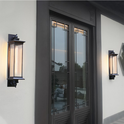 Traditional Chinese Square House Rectangle Glass Aluminum Hardware 1-Light Wall Sconce Lamp For Outdoor Patio