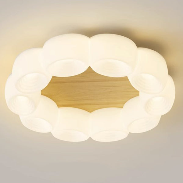 Traditional Chinese Clouds Round Acrylic Wood LED Flush Mount Ceiling Light For Living Room