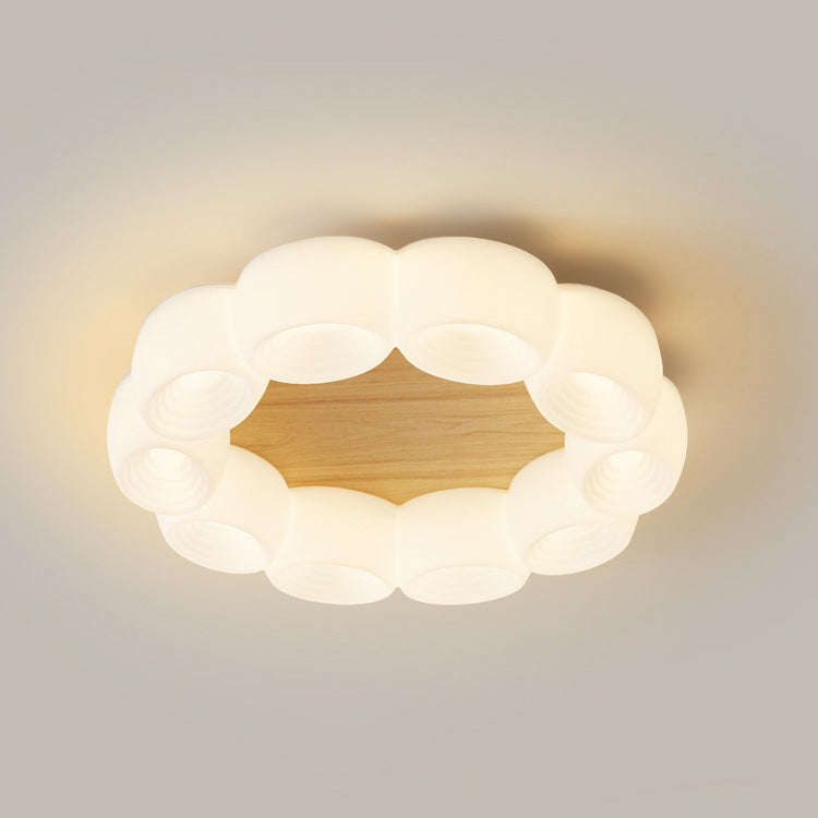 Traditional Chinese Clouds Round Acrylic Wood LED Flush Mount Ceiling Light For Living Room