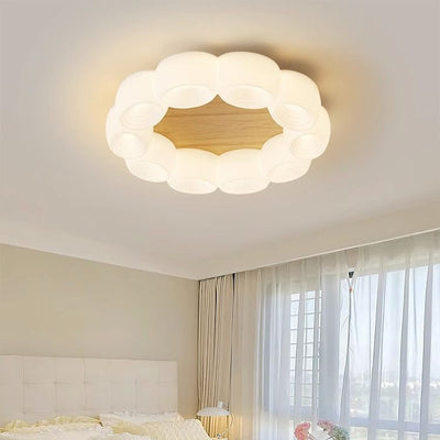 Traditional Chinese Clouds Round Acrylic Wood LED Flush Mount Ceiling Light For Living Room