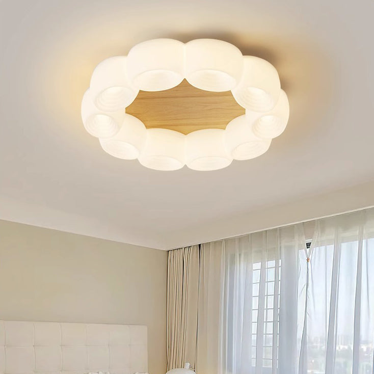 Traditional Chinese Clouds Round Acrylic Wood LED Flush Mount Ceiling Light For Living Room