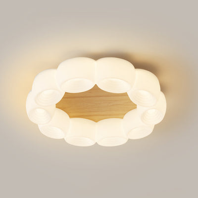 Traditional Chinese Clouds Round Acrylic Wood LED Flush Mount Ceiling Light For Living Room