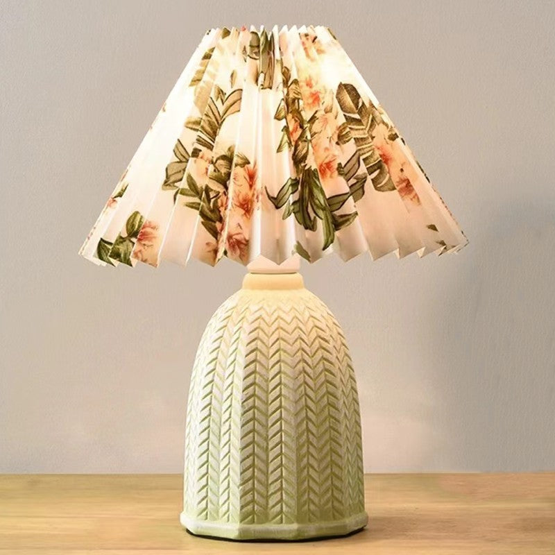 Contemporary Scandinavian Distressed Cone Round Fabric Ceramic 1-Light Table Lamp For Bedroom