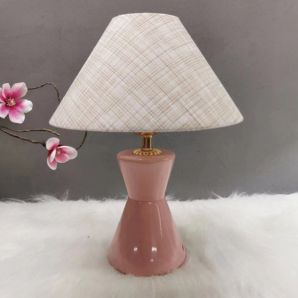 Contemporary Scandinavian Distressed Hourglass Shape Round Fabric Ceramic 1-Light Table Lamp For Bedroom