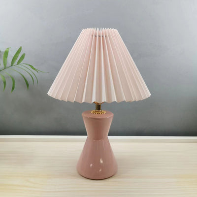 Contemporary Scandinavian Distressed Hourglass Shape Round Fabric Ceramic 1-Light Table Lamp For Bedroom