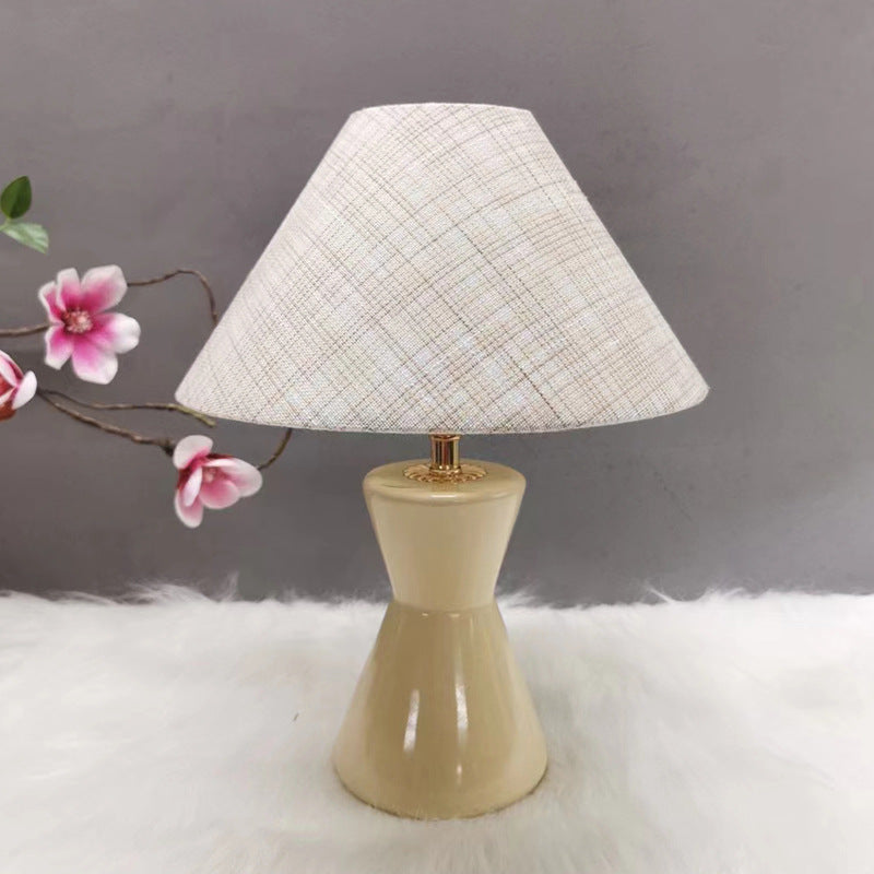 Contemporary Scandinavian Distressed Hourglass Shape Round Fabric Ceramic 1-Light Table Lamp For Bedroom