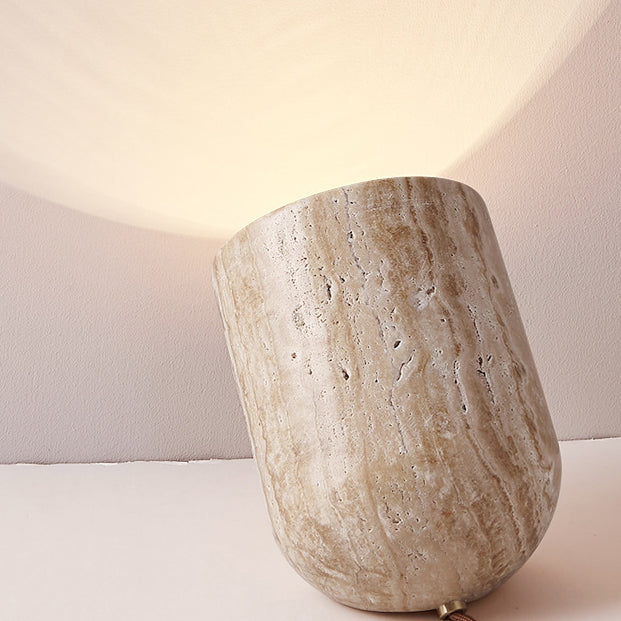 Traditional Japanese Travertine Handmade Cylinder 1-Light Table Lamp For Bedside