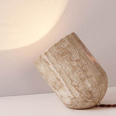 Traditional Japanese Travertine Handmade Cylinder 1-Light Table Lamp For Bedside