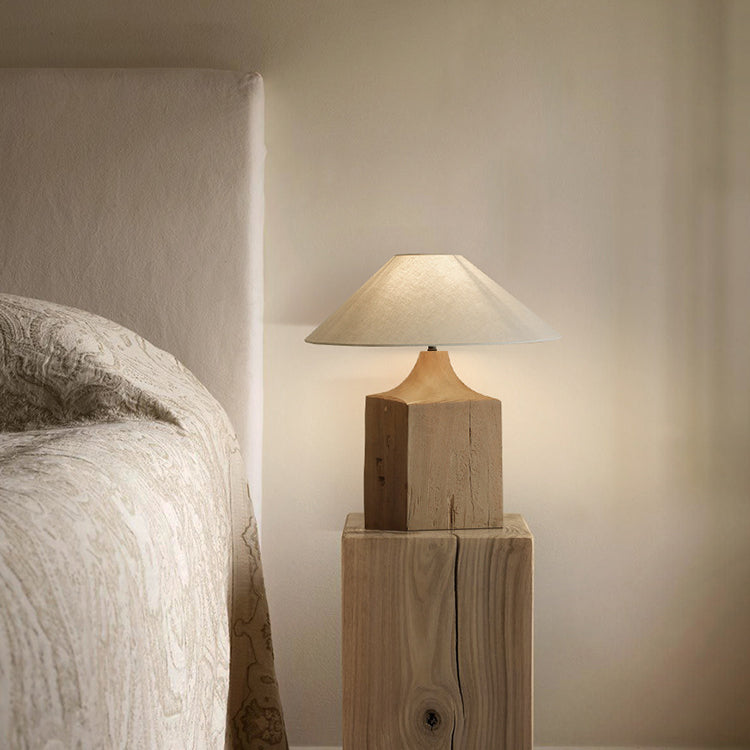 Contemporary Retro Wood Linen Cone Cylinder 1-Light Table Lamp For Study