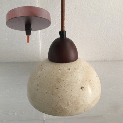 Traditional Japanese Travertine Wood Cylinder Round Bowl Ball 1-Light Pendant Light For Bedside