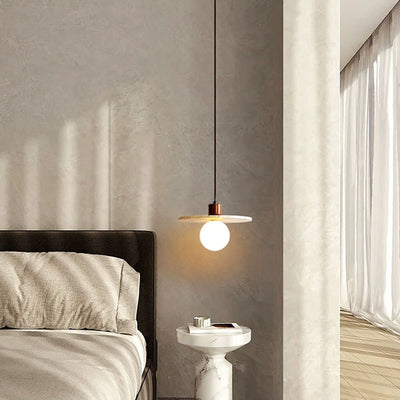 Traditional Japanese Travertine Wood Cylinder Round Bowl Ball 1-Light Pendant Light For Bedside