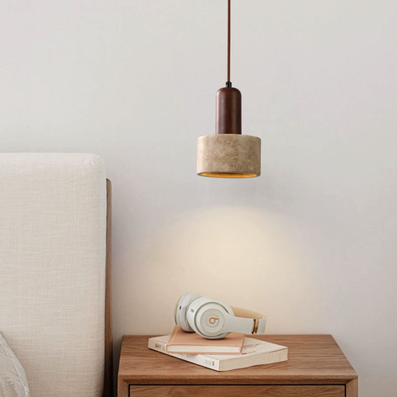 Traditional Japanese Travertine Wood Cylinder Round Bowl Ball 1-Light Pendant Light For Bedside