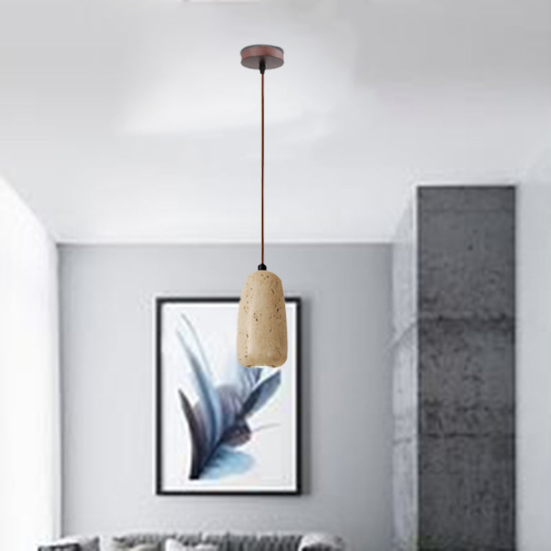 Traditional Japanese Travertine Wood Cylinder Round Bowl Ball 1-Light Pendant Light For Bedside