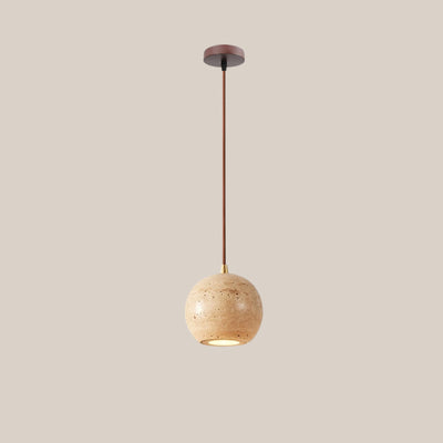 Traditional Japanese Travertine Wood Cylinder Round Bowl Ball 1-Light Pendant Light For Bedside