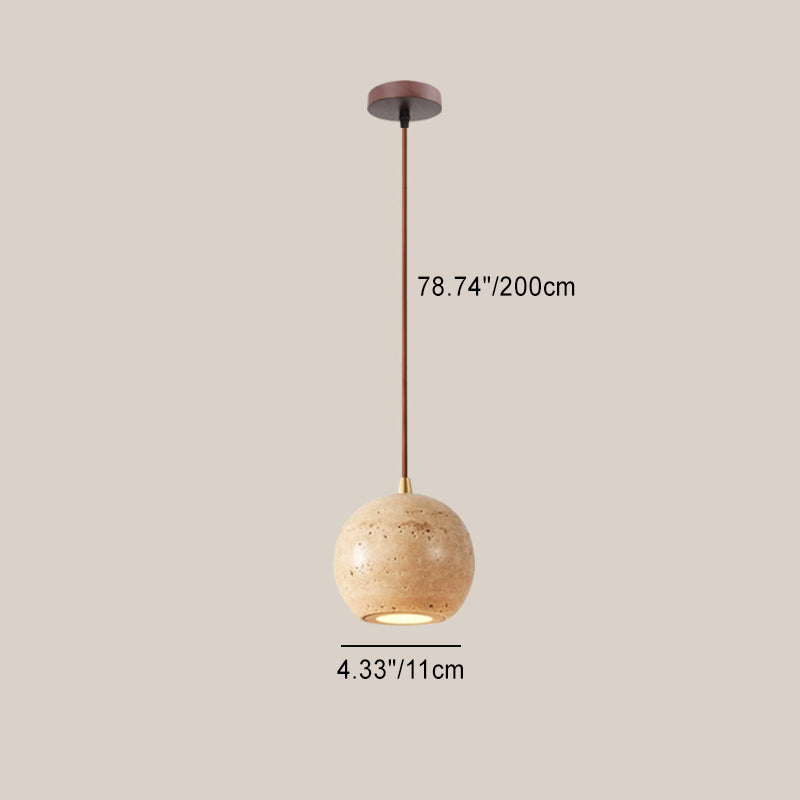 Traditional Japanese Travertine Wood Cylinder Round Bowl Ball 1-Light Pendant Light For Bedside