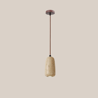 Traditional Japanese Travertine Wood Cylinder Round Bowl Ball 1-Light Pendant Light For Bedside