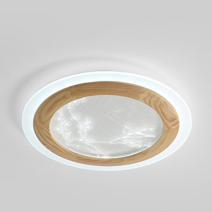 Traditional Japanese Ash Wood Acrylic Round Square Flower Branch LED Flush Mount Ceiling Light For Bedroom