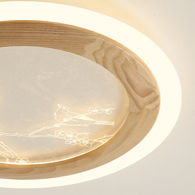 Traditional Japanese Ash Wood Acrylic Round Square Flower Branch LED Flush Mount Ceiling Light For Bedroom