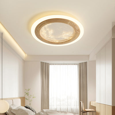 Traditional Japanese Ash Wood Acrylic Round Square Flower Branch LED Flush Mount Ceiling Light For Bedroom