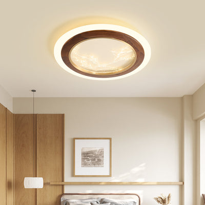 Traditional Japanese Ash Wood Acrylic Round Square Flower Branch LED Flush Mount Ceiling Light For Bedroom