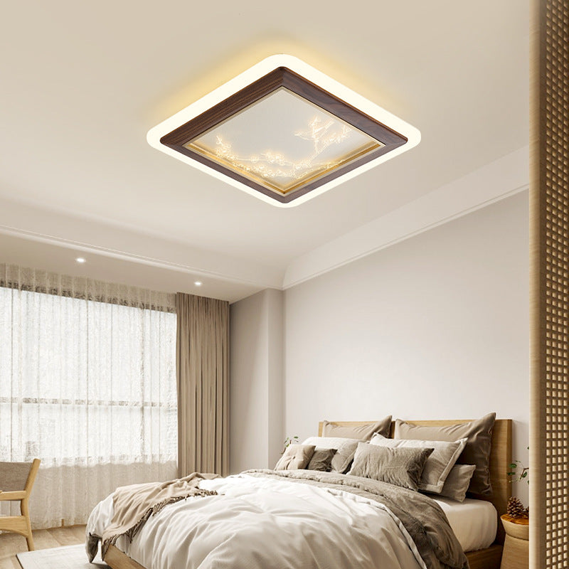 Traditional Japanese Ash Wood Acrylic Round Square Flower Branch LED Flush Mount Ceiling Light For Bedroom