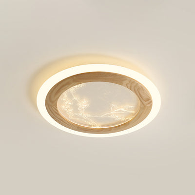 Traditional Japanese Ash Wood Acrylic Round Square Flower Branch LED Flush Mount Ceiling Light For Bedroom