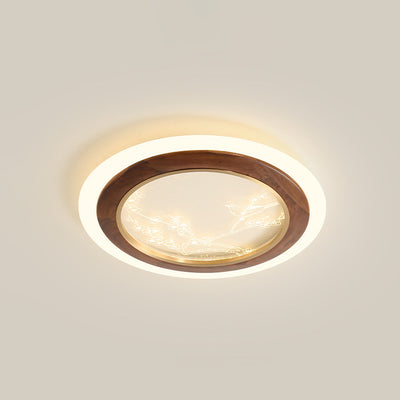 Traditional Japanese Ash Wood Acrylic Round Square Flower Branch LED Flush Mount Ceiling Light For Bedroom