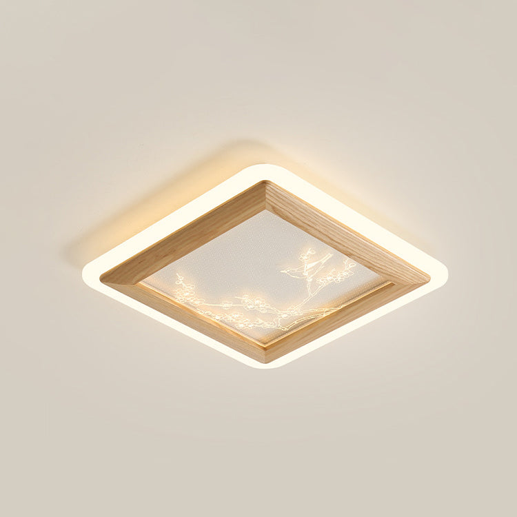 Traditional Japanese Ash Wood Acrylic Round Square Flower Branch LED Flush Mount Ceiling Light For Bedroom