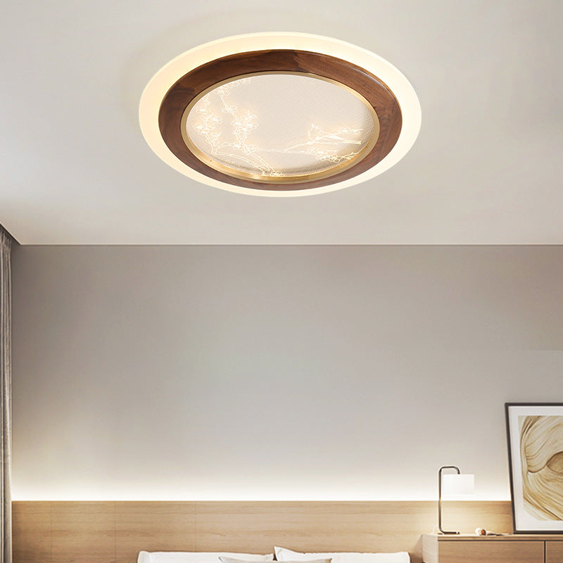 Traditional Japanese Ash Wood Acrylic Round Square Flower Branch LED Flush Mount Ceiling Light For Bedroom