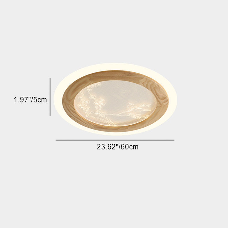 Traditional Japanese Ash Wood Acrylic Round Square Flower Branch LED Flush Mount Ceiling Light For Bedroom