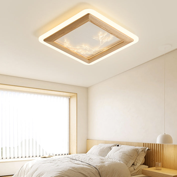 Traditional Japanese Ash Wood Acrylic Round Square Flower Branch LED Flush Mount Ceiling Light For Bedroom