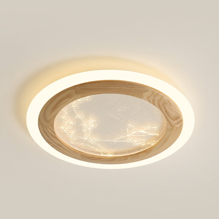 Traditional Japanese Ash Wood Acrylic Round Square Flower Branch LED Flush Mount Ceiling Light For Bedroom