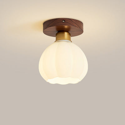 Contemporary Retro Walnut Metal Glass Bowl Round 1-Light Semi-Flush Mount Ceiling Light For Hallway