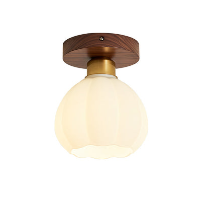 Contemporary Retro Walnut Metal Glass Bowl Round 1-Light Semi-Flush Mount Ceiling Light For Hallway