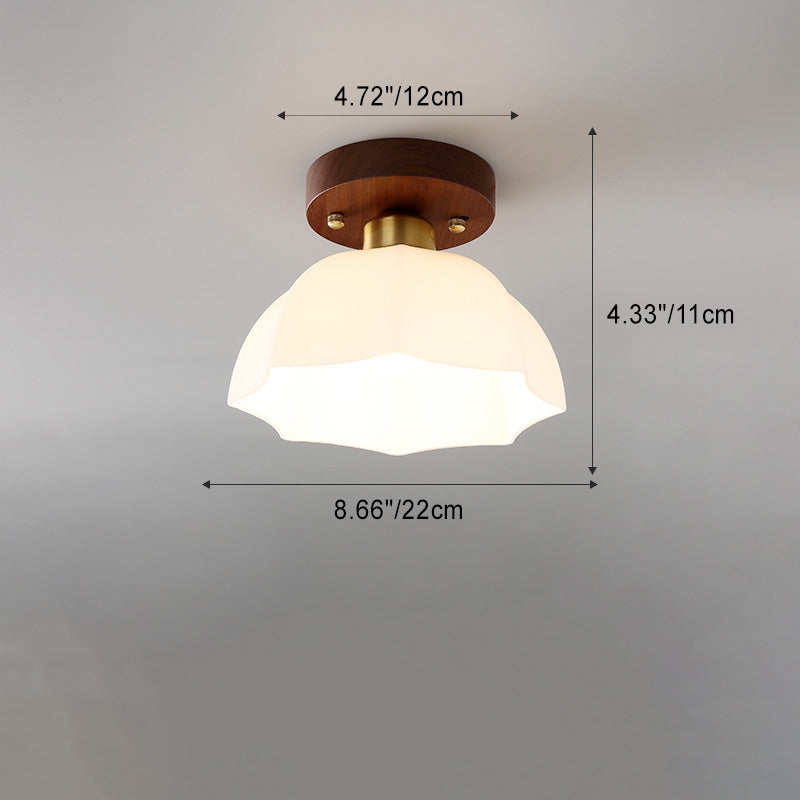 Contemporary Retro Walnut Metal Glass Bowl Round 1-Light Semi-Flush Mount Ceiling Light For Hallway