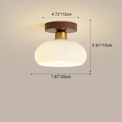 Contemporary Retro Walnut Metal Glass Bowl Round 1-Light Semi-Flush Mount Ceiling Light For Hallway