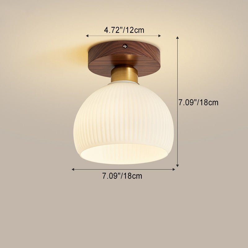 Contemporary Retro Walnut Metal Glass Bowl Round 1-Light Semi-Flush Mount Ceiling Light For Hallway