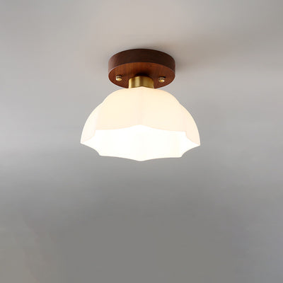 Contemporary Retro Walnut Metal Glass Bowl Round 1-Light Semi-Flush Mount Ceiling Light For Hallway