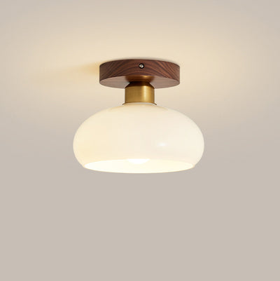 Contemporary Retro Walnut Metal Glass Bowl Round 1-Light Semi-Flush Mount Ceiling Light For Hallway