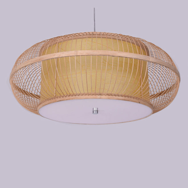 Traditional Japanese Weaving Handmade Bamboo Round Cylinder 3/4 Light Chandeliers For Dining Room