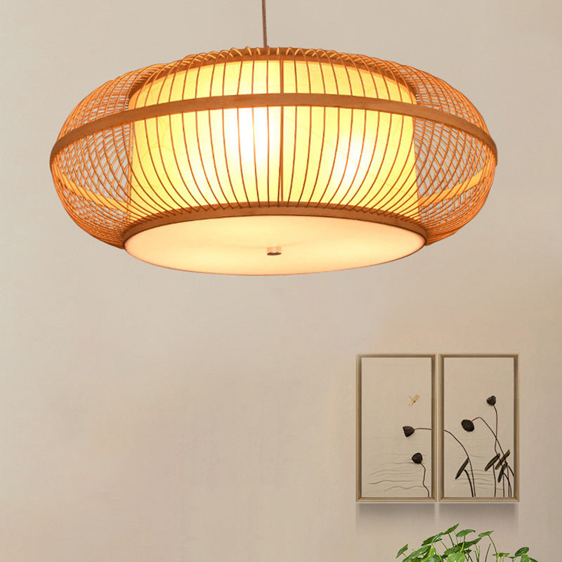 Traditional Japanese Weaving Handmade Bamboo Round Cylinder 3/4 Light Chandeliers For Dining Room