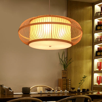 Traditional Japanese Weaving Handmade Bamboo Round Cylinder 3/4 Light Chandeliers For Dining Room